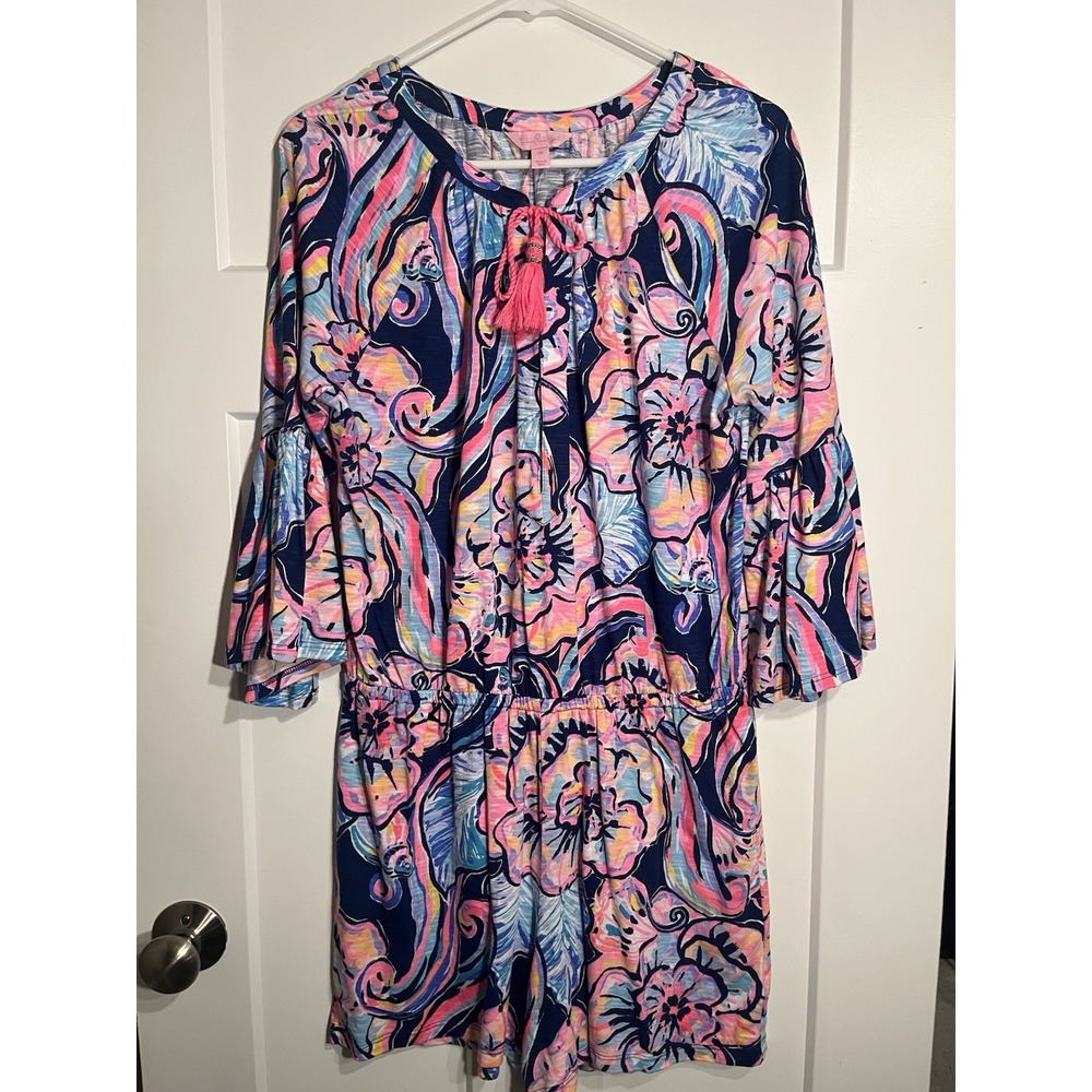 Lilly Pulitzer Del Lago Romper Womens Medium M Boho Bateau Floral Knit Tassel